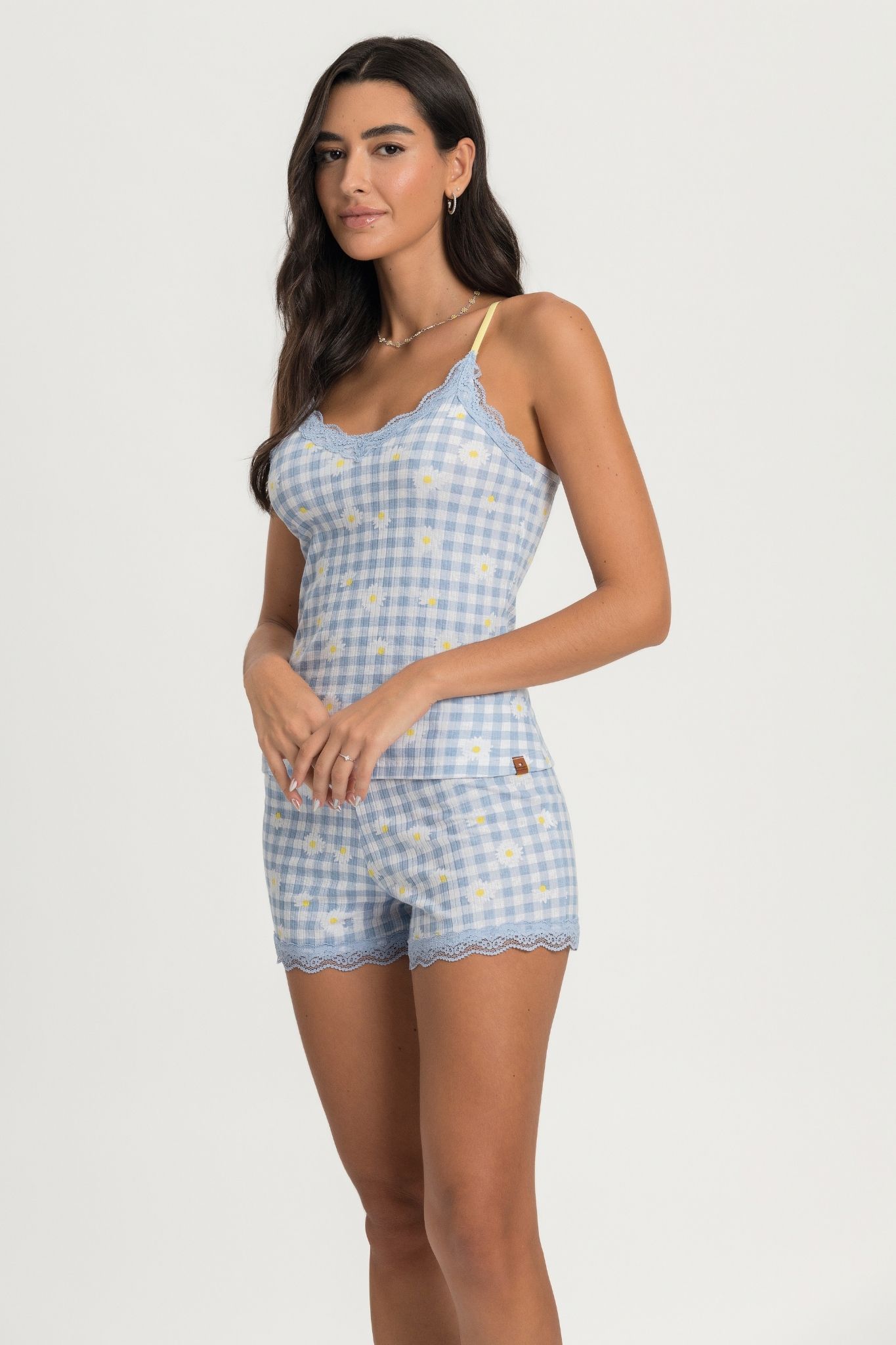 Pijama de Alça Adulto Feminino Xadrez Estampa Floral